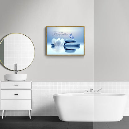 EOBTAIN Zen Flower Canvas Wall Art Bathroom Butterfly and Water Lily Stone Relaxing Spiritual Yoga Framed Wall Art Just Breathe Pictures Canvas Wall Decor for Living Room Bedroom,12x16 Inches