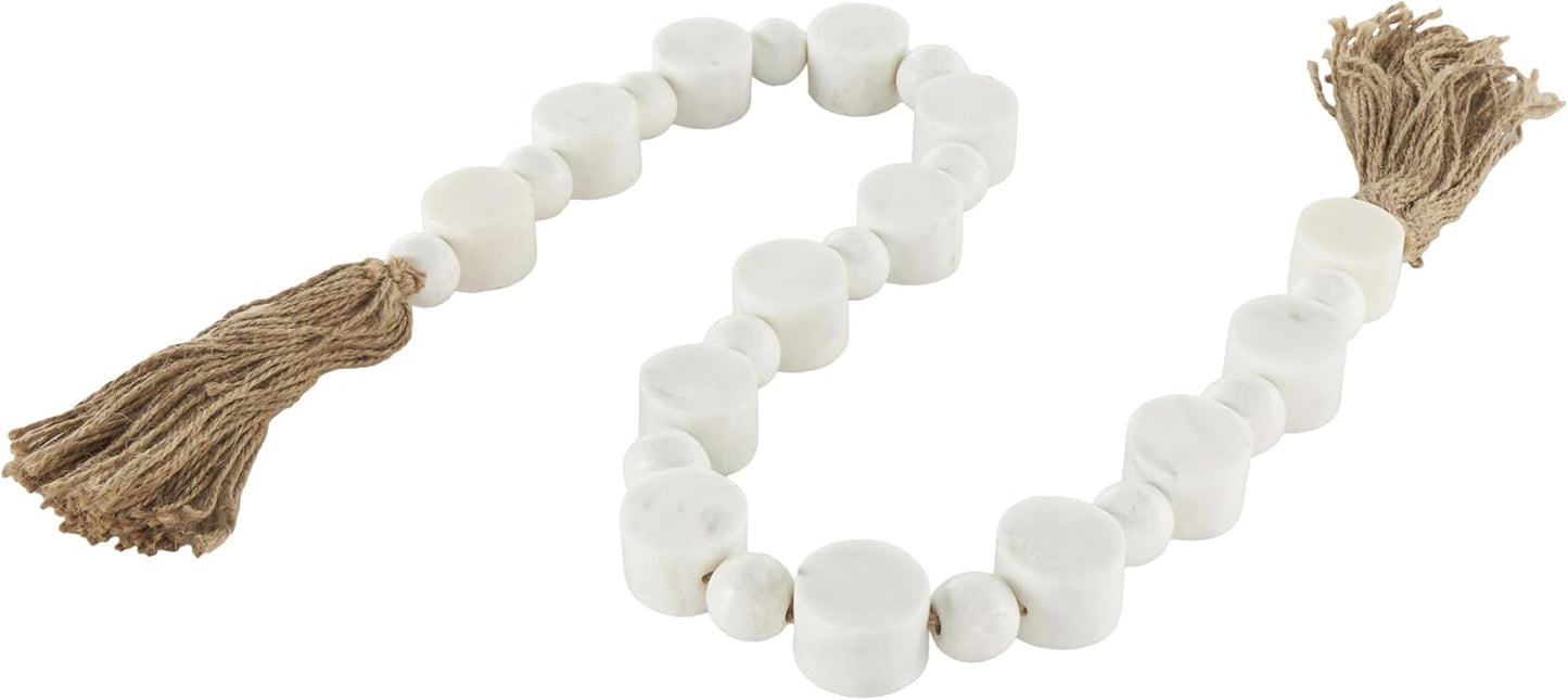 Deco 79 Marble Handmade Beaded Garland with Tassel Round Extra Long Orb Small Beads with Tassel with Knotted Brown Jute, Beads with Tassel 44" x 1" x 1", White