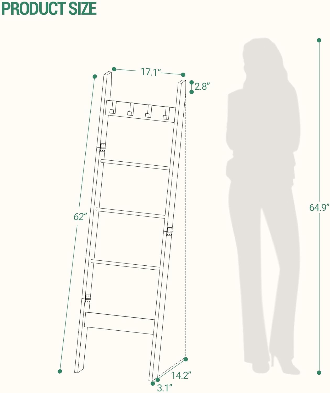 Hzuaneri Blanket Ladder for Living Room, Decorative Quilt Rack with 4 Removable Hooks, 5-Tier Farmhouse Ladder Holder Shelf Organizer for Bedroom, Rustic Brown and Black 02101BBR