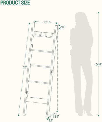 Hzuaneri Blanket Ladder for Living Room, Decorative Quilt Rack with 4 Removable Hooks, 5-Tier Farmhouse Ladder Holder Shelf Organizer for Bedroom, Rustic Brown and Black 02101BBR