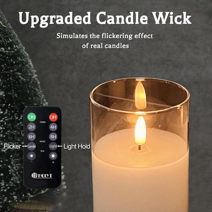 Rechargeable Flameless Glass Pillar Candles–Gifts for Women,–Set of 3, Realistic Flickering LED Light,Remote & Timer, Ideal for Living Room, Bedroom & Festival Wedding Home Party Decor