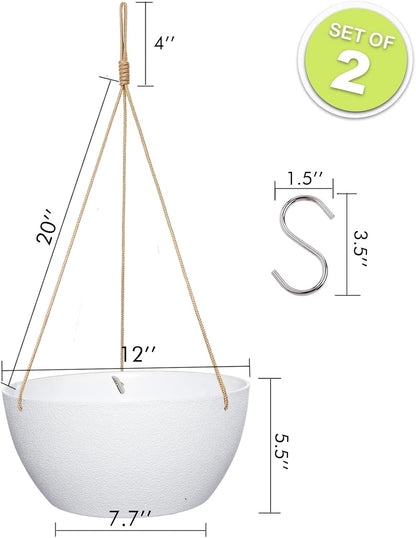 SwinDuck 13 Inch 2 Pack Large Hanging Planters for Indoor Outdoor Plants, Plastic Hanging Basket Pots for House Plants Flowers, White