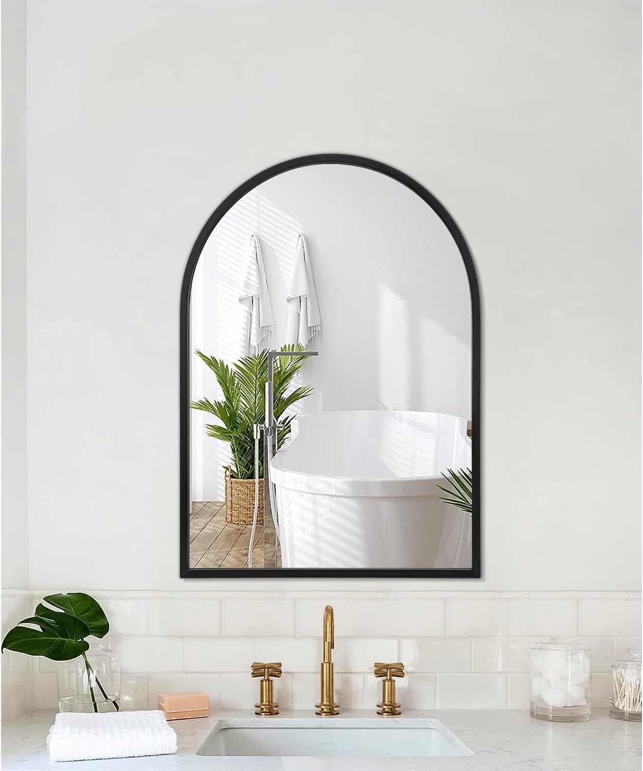 Black Arched Wall Mirror Aluminum Alloy Frame Bathroom Mirror Brushed Metal Vanity Wall Mounted Mirror for LivingRoom Bedroom Entryway Room Home Decor 16"x12"