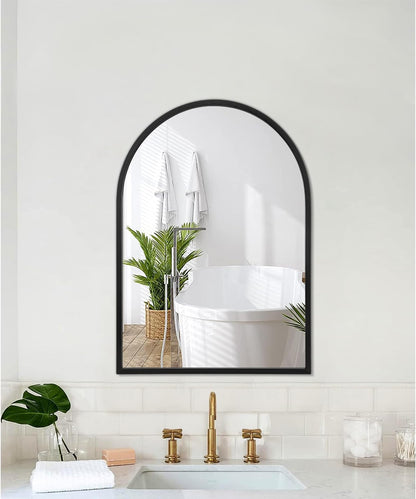 Black Arched Wall Mirror Aluminum Alloy Frame Bathroom Mirror Brushed Metal Vanity Wall Mounted Mirror for LivingRoom Bedroom Entryway Room Home Decor 16"x12"