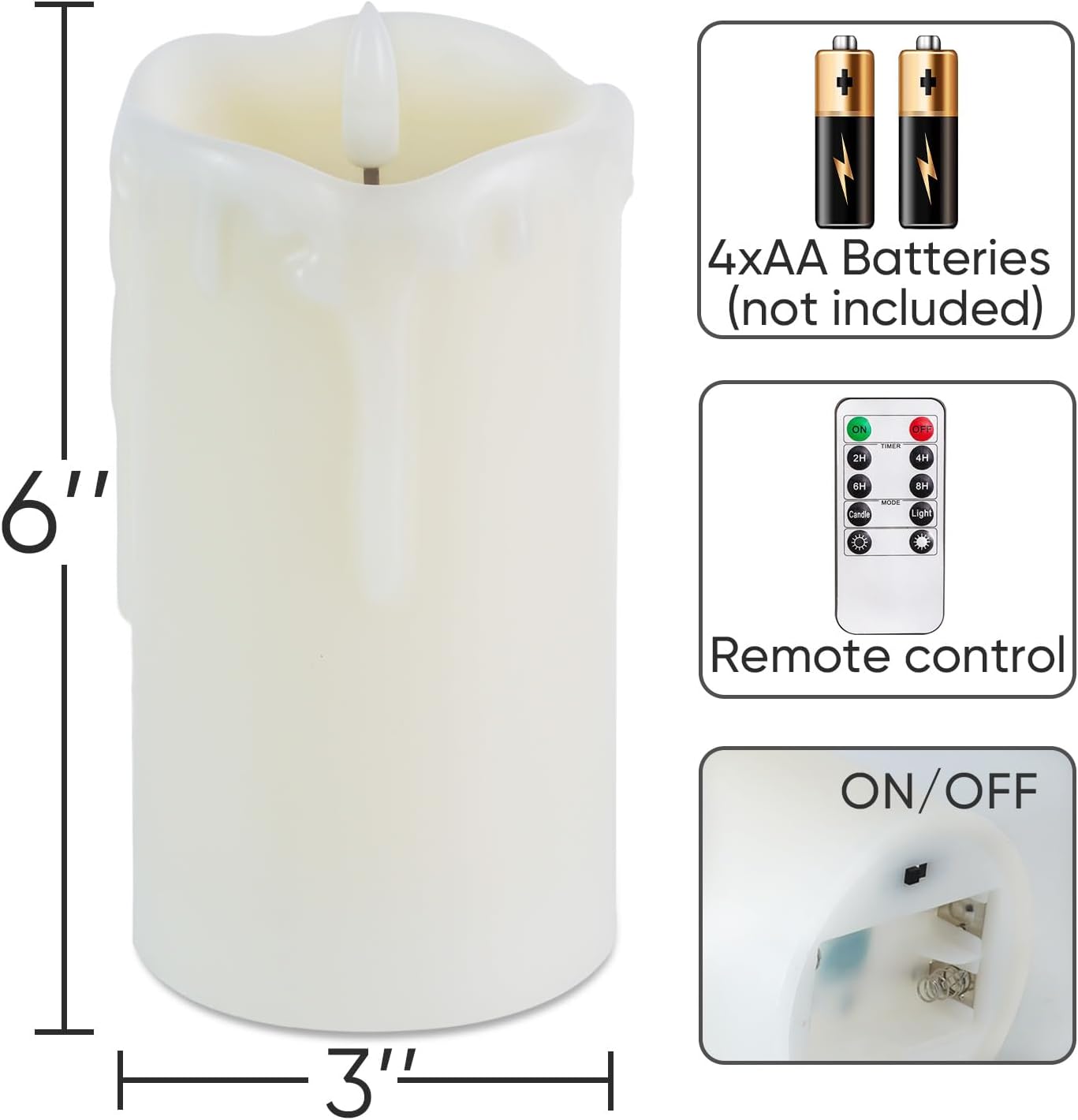 Homemory 6"x3" Outdoor Waterproof Flameless Candles, LED Candles, Battery Operated Candles with Remote and Timers, Electric Fake Plastic Pillar Candles, Ivory White, Set of 2