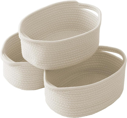 JMvicyroam Woven Basket,Small Rope Storage Bin with Handles & Ribbon Bag, Organizer for Shelves Closets,Gift Basket Empty for Birthday,Books,Dog Toys,White