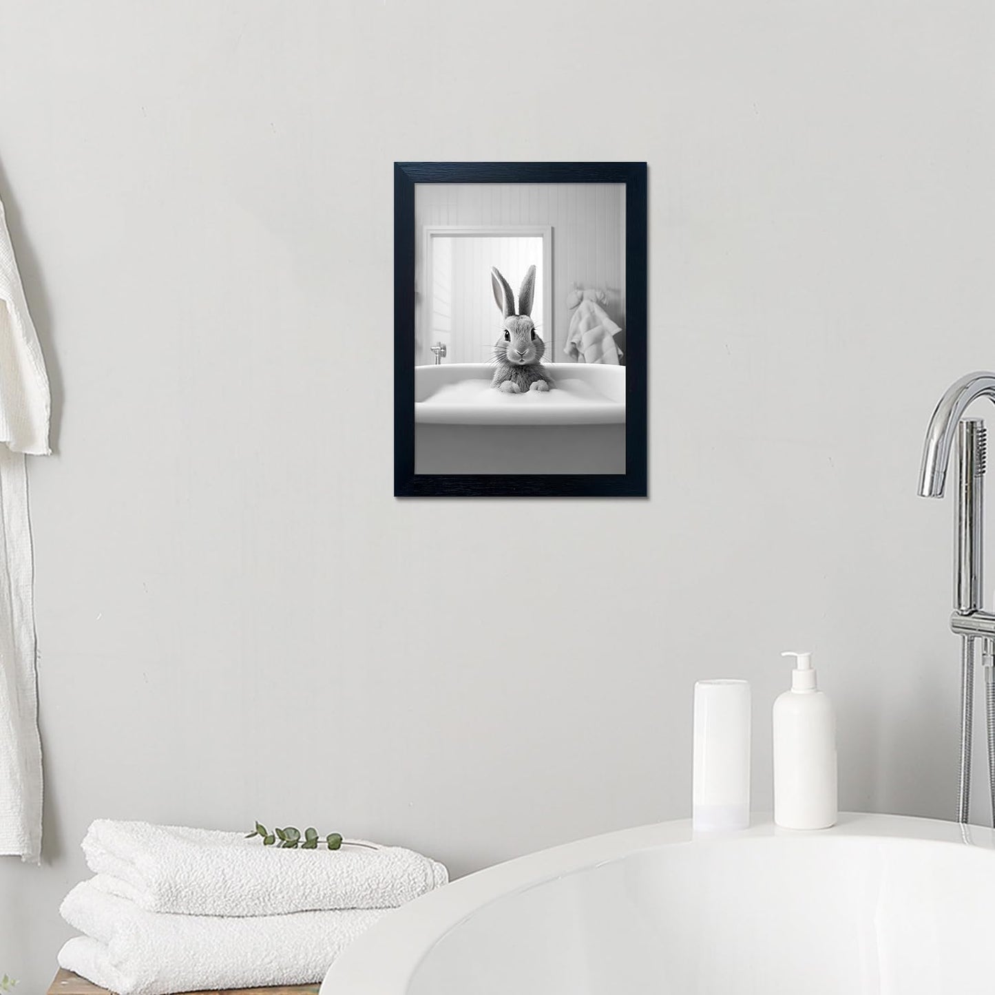 Bathroom Picture Wall Decor, Framed Black and White Bathroom Wall Art, Toilet Paper in Little Funny Raccoon's Hand Animal Canvas Print Painting
