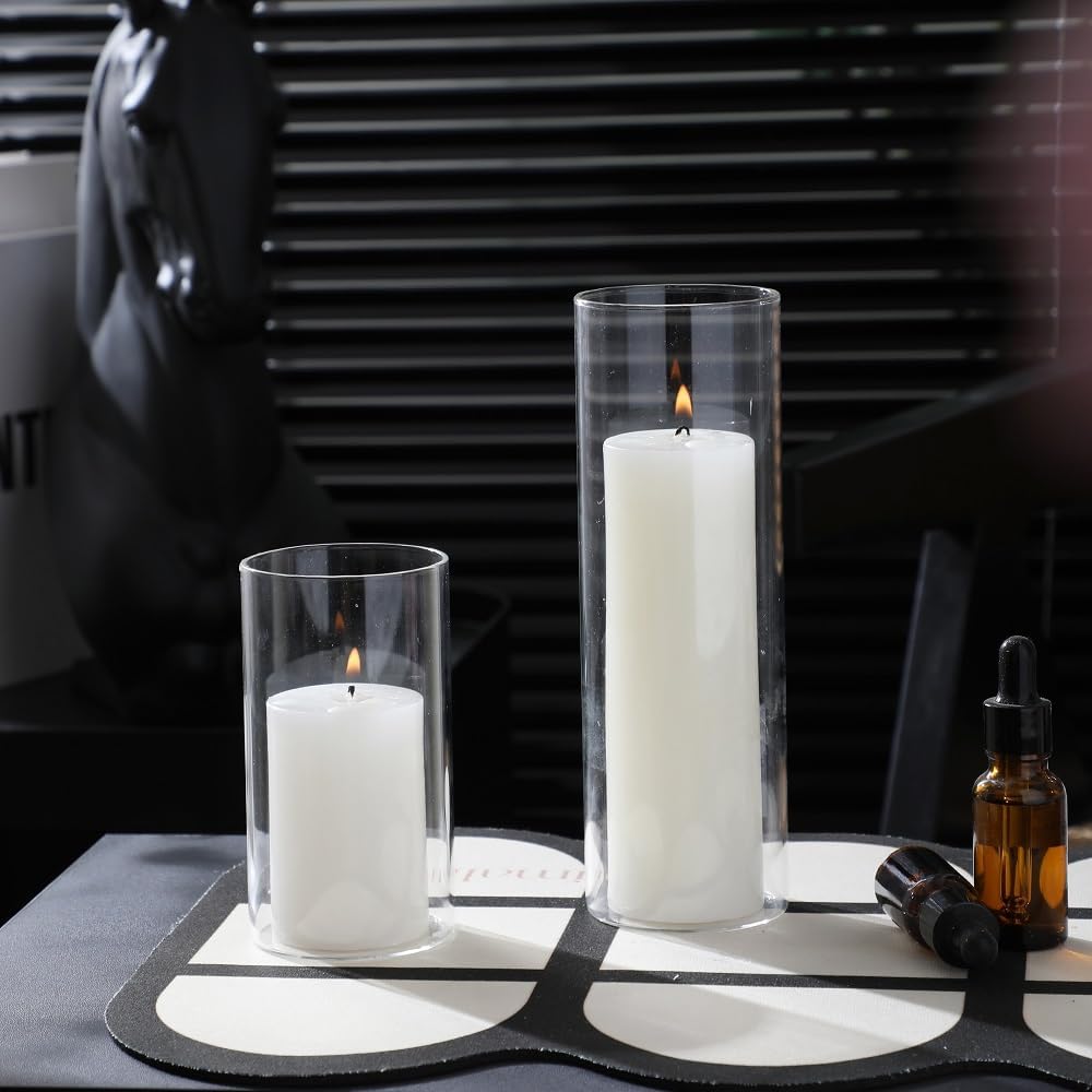 24 Pcs White Pillar Candles and Glass Candle Holders Cylinder Candle Vases for Pillar Candles Hurricane Candle Holders Set for Wedding Party, Event, Home Office Decor