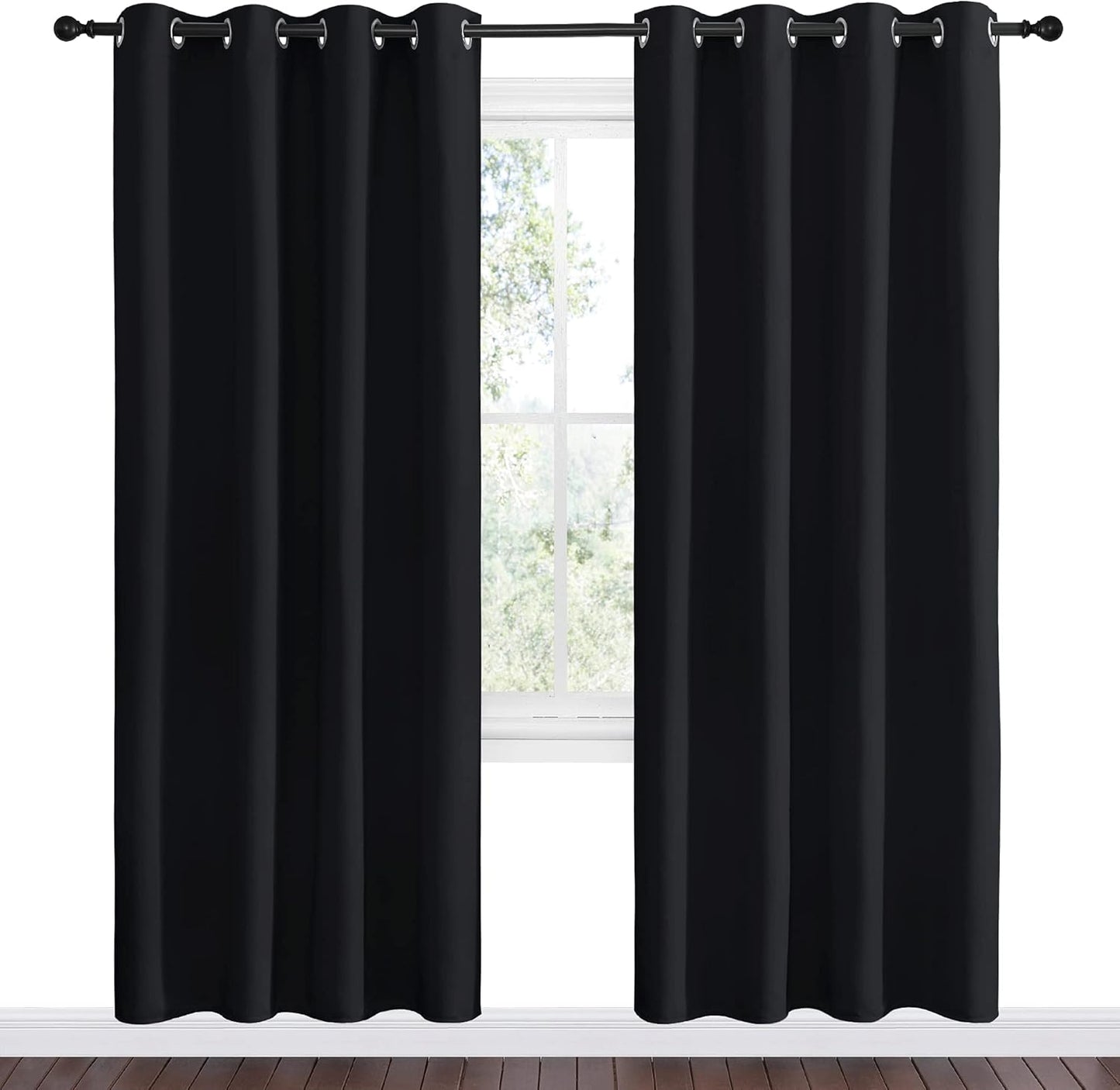 NICETOWN Halloween Pitch Black Solid Thermal Insulated Grommet Blackout Curtains/Drapes for Bedroom Window (2 Panels, 42 inches Wide by 63 inches Long, Black) - Colors E