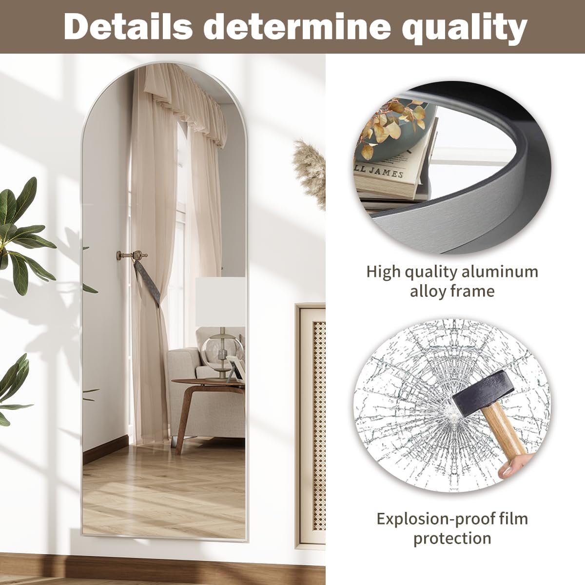 Dewfig Arched Full Length Mirror, 76"x34" Large Floor Mirror, Full Body Mirrors for Leaning or Hanging, Standing Mirrors for Bedroom, Living Room,Dressing Room, Aluminum Alloy Frame, Black