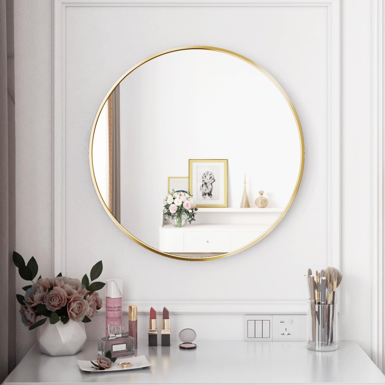 Itrue 12 Inch Small Round Decorative Wall Mirror, HD Silver-Coated Glass with Brushed Black Metal Frame, Minimalist Modern Accent Mirror for Vanity, Narrow Walls, Bathroom, Bedroom & Entryway