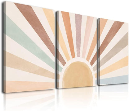 Sage Green Boho Wall Art Set of 3, Minimalist Framed Wall Art Geometric Line Leaf Sun Moon Beige Green Canvas Artwork Paintings, Abstract Botanical Boho Room Decor, Office, 12"x16"