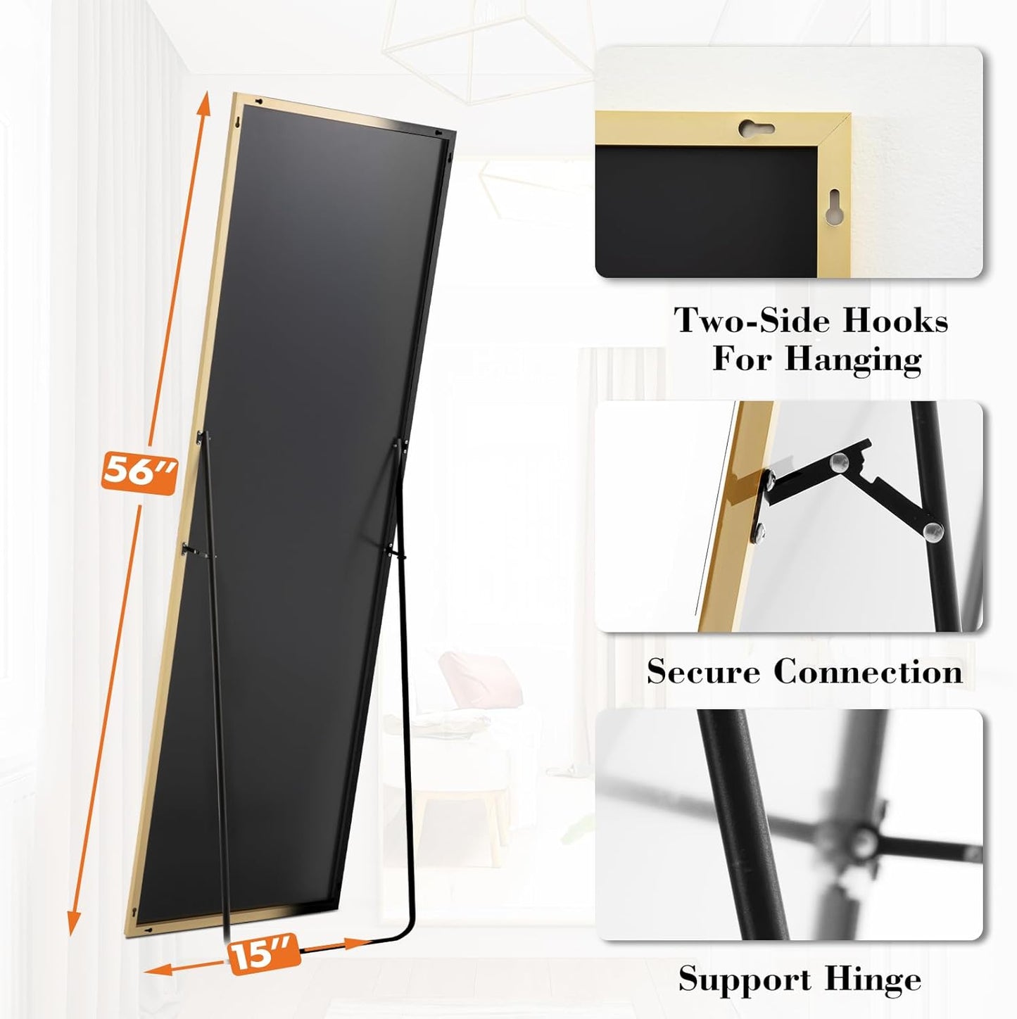 DUMOS Full Length Mirror 64"x21" Full Body Floor Mirror for Bedroom or Cloakroom, Can Stand Alone, Hang or Lean Against Wall, Tall Wall Mirror with Stand, Black