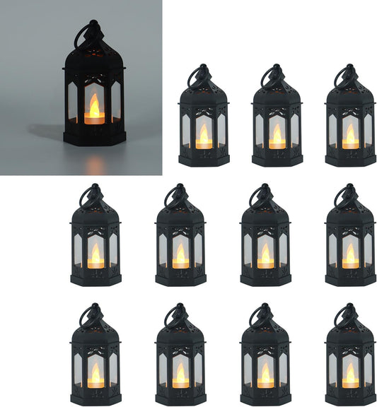 LLQ 8Pcs Mini Lantern with LED Tealight, Vintage Brown Lanterns Decorative, Hanging Candle Lanterns for Halloween Christmas Wedding Table Centerpiece Indian Decor, Garden Fairy Party Decorations