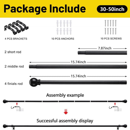 2 Pack Black Curtain Rods for Windows 28 to 48 inch, 5/8 inch Small Cafe Window Curtain Rods, Short Drapery Rod for Bedroom Kitchen (Size：30-50 Inch, Matte Black)