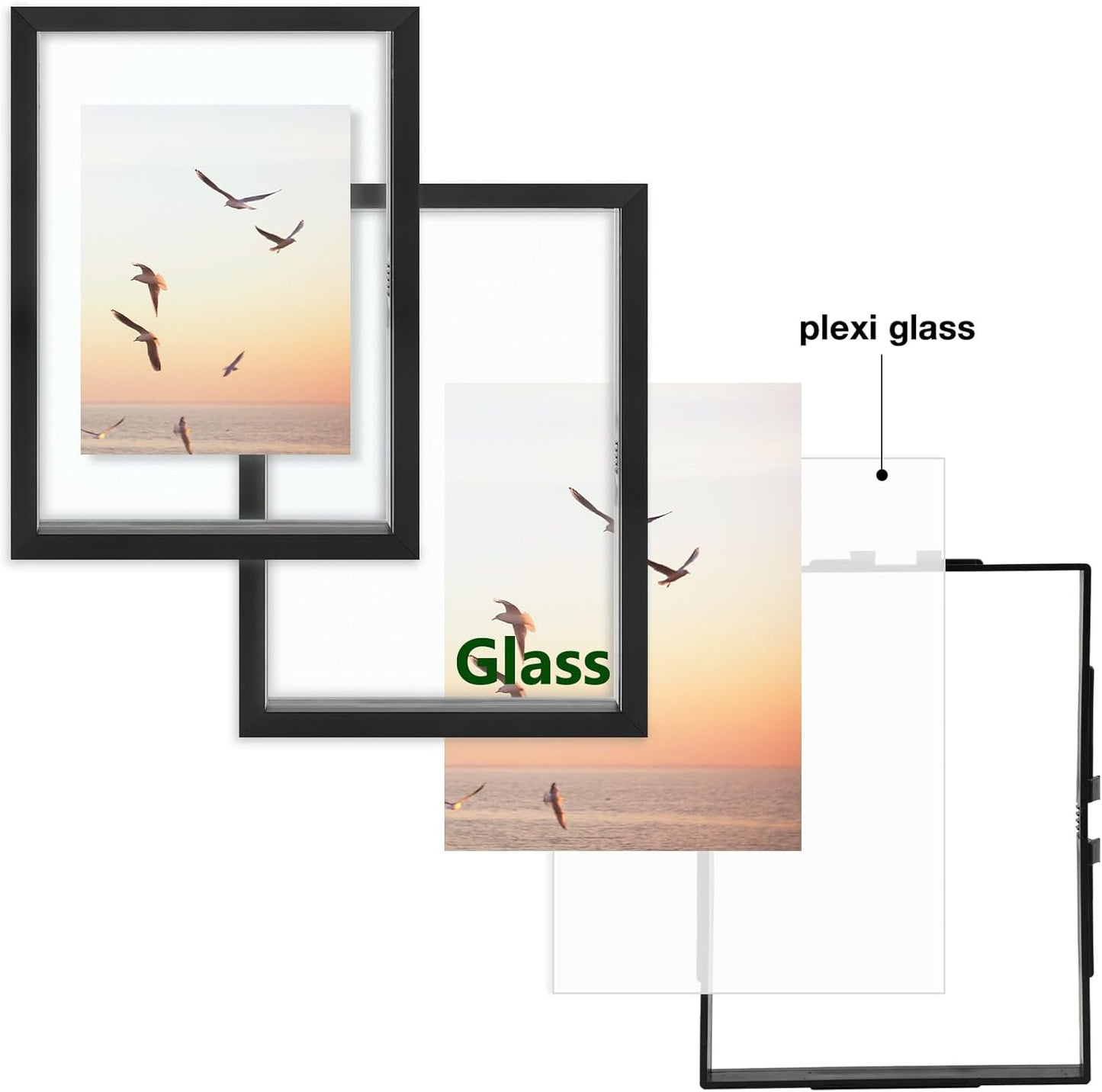 Frametory, Floating Picture Frame 12x16 - Black Aluminum Metal Photo Frame - Real Glass of Front - for Wall Mount Display