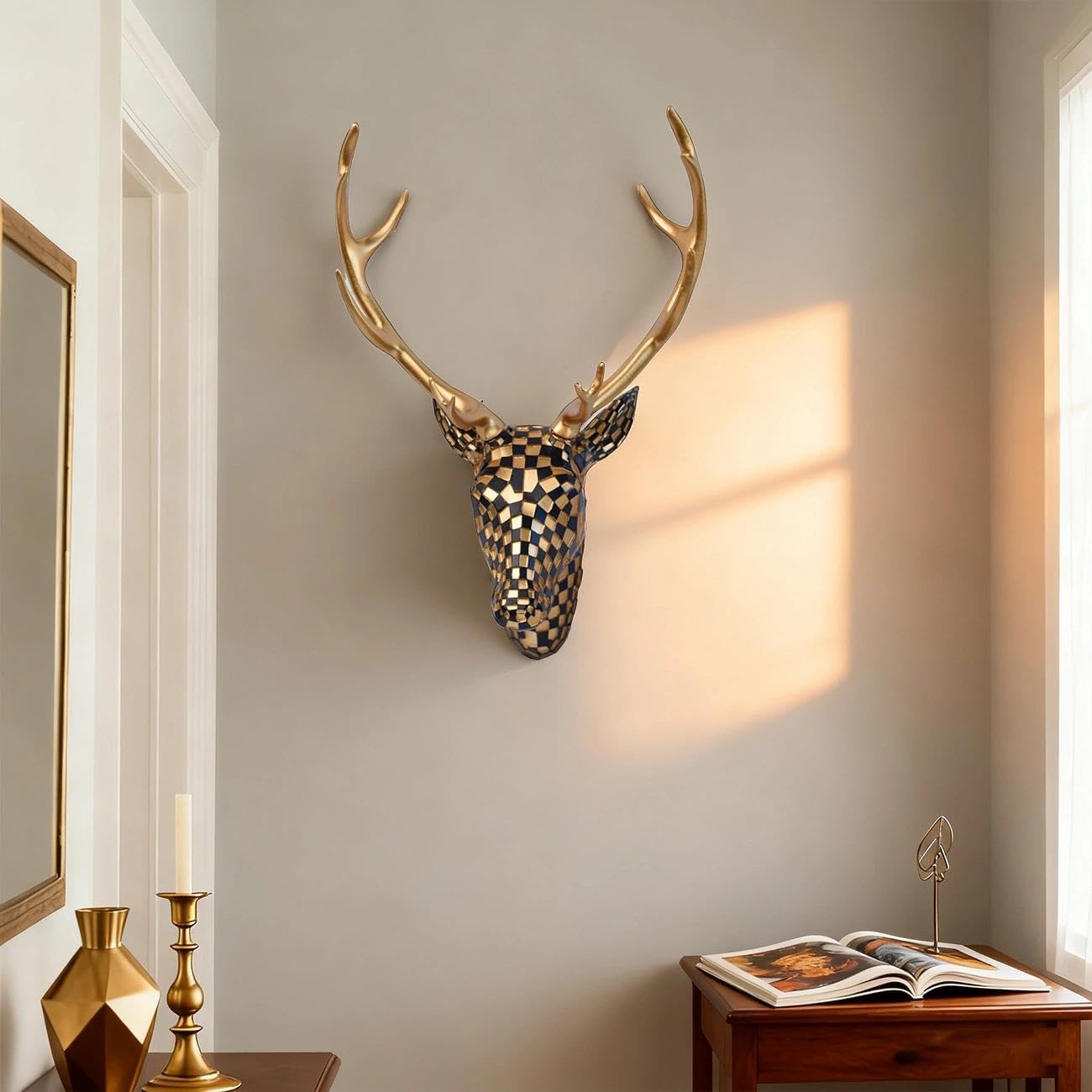 GIGICICI Mosaic Deer Head Wall Decor 15.7x8.7 Inch, Artistic Faux Resin Animal Head Wall Sculpture Hanging for Living Room Bedroom Kitchen Office, Black-White Gift