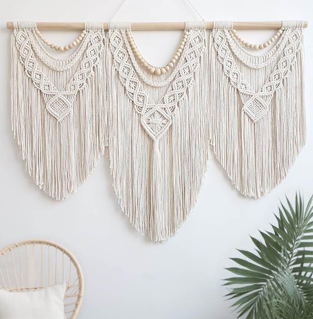 oiikain Large Handmade Boho Macrame Wall Hanging Tapestry - Chic Bohemian Woven Home Decor art for Living Room, Bedroom, and Wedding Parties (Beige, twelve rhombus)