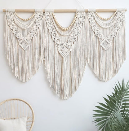 oiikain Large Handmade Boho Macrame Wall Hanging Tapestry - Chic Bohemian Woven Home Decor art for Living Room, Bedroom, and Wedding Parties (Beige, twelve rhombus)