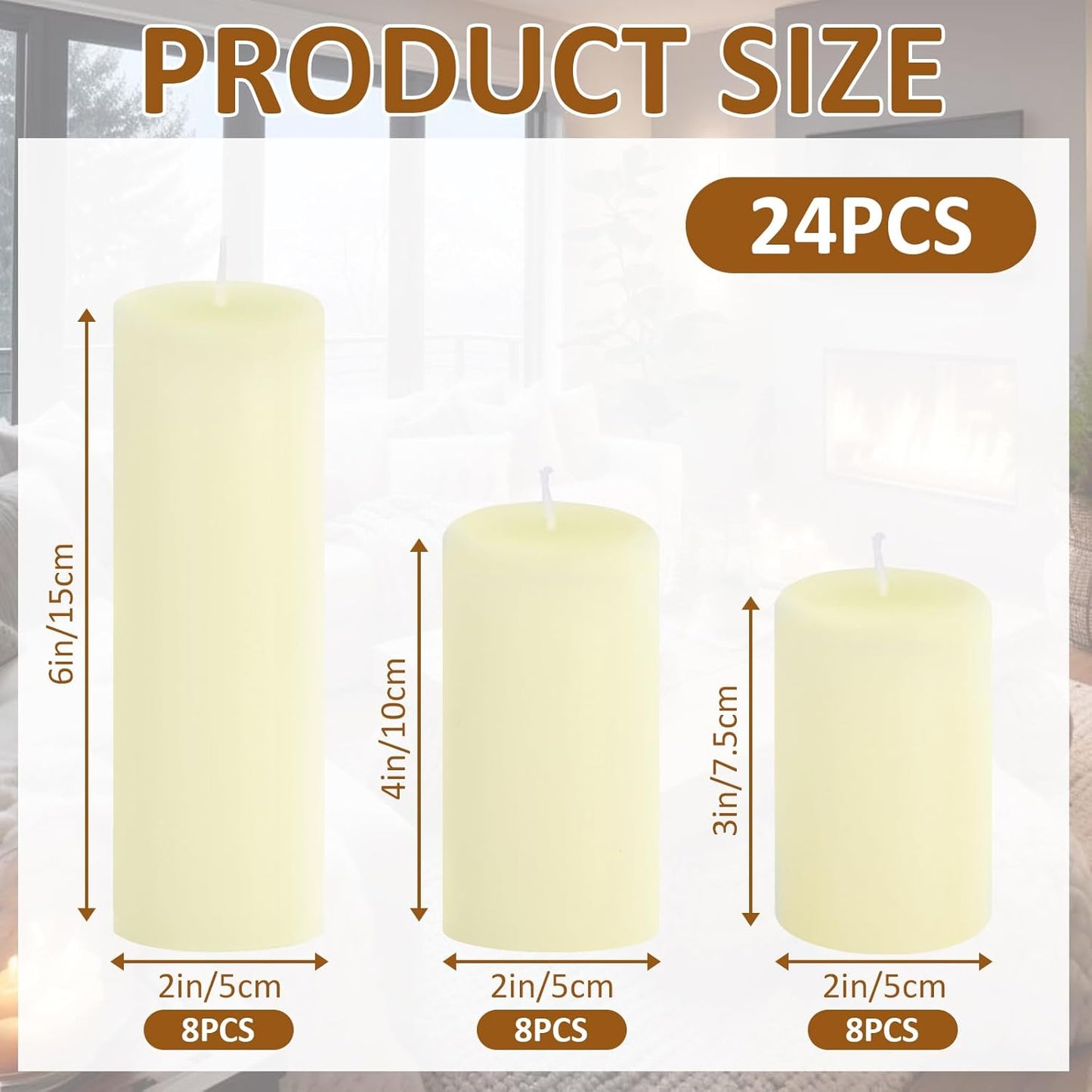 12-Pack Ivory Unscented Pillar Candle Set - 2x3, 2x6, 2x8-inch Long-Burning Drip-Free Tapers, 4 Per Size. Ideal for Home Decor, Weddings, Emergencies, and Holidays.