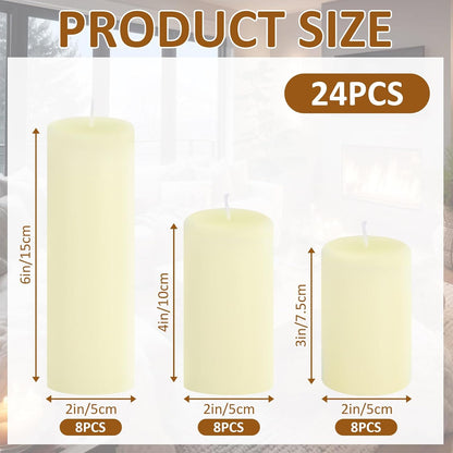 12-Pack Ivory Unscented Pillar Candle Set - 2x3, 2x6, 2x8-inch Long-Burning Drip-Free Tapers, 4 Per Size. Ideal for Home Decor, Weddings, Emergencies, and Holidays.