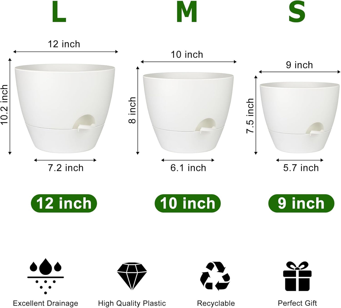 QRRICA Plant Pots 10/9/8/7.5/7 Inch Self Watering Pots, Set of 5 Plastic Planters with Drainage Holes and Saucers,Plastic Flower Pots,Nursery Planting Pot for Indoor Out Door Plants（Green）