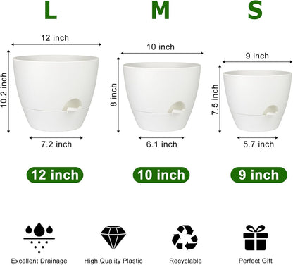 QRRICA Plant Pots 10/9/8/7.5/7 Inch Self Watering Pots, Set of 5 Plastic Planters with Drainage Holes and Saucers,Plastic Flower Pots,Nursery Planting Pot for Indoor Out Door Plants（Green）