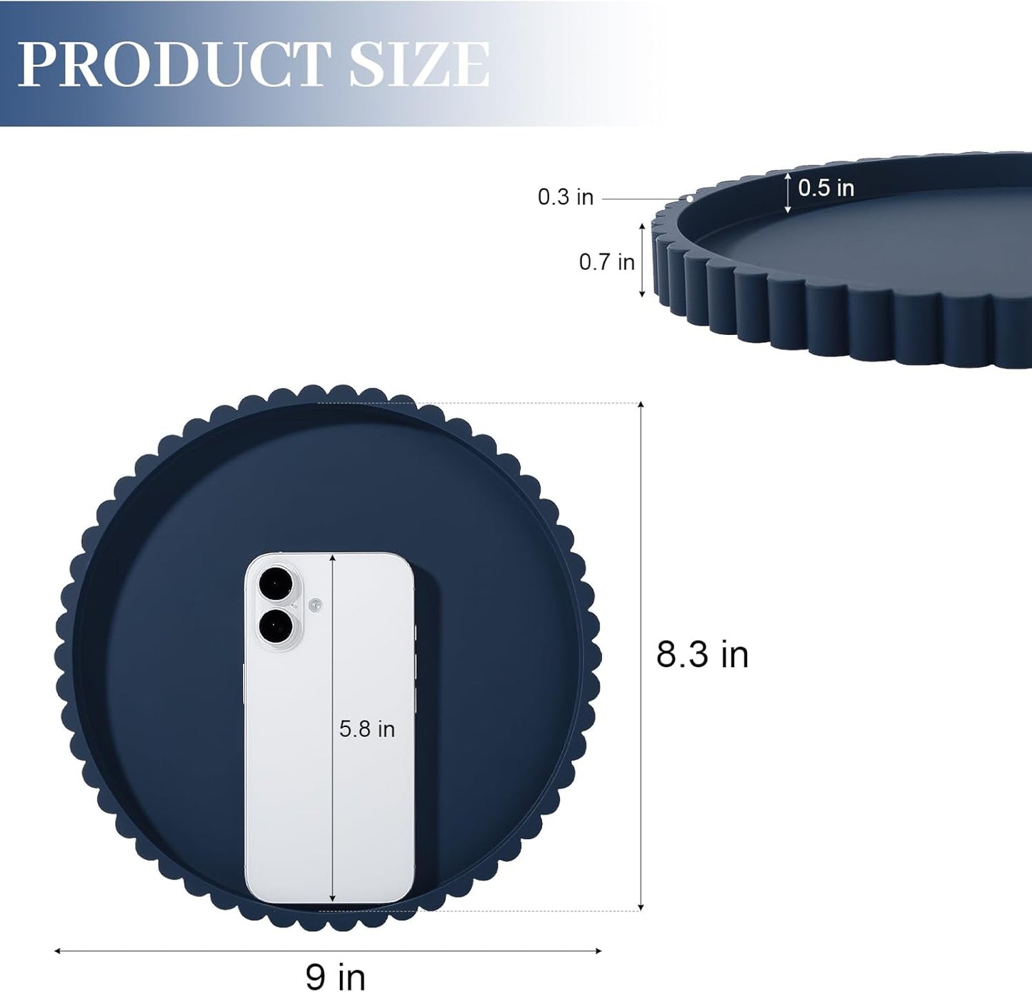 Round Bathroom Tray Silicone Kitchen Counter Decor Vanity Organizer Decorative Coffee Table Tray for Perfume, Candle, Soap Dish, 9 Inch, Black