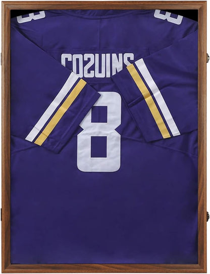 Large Lockable Jersey Frame Display Case Wall Mount, T-Shirt Shadow Box with Clear UV-Protective Acrylic, Hangers Linen Backing for Football, Basketball, Baseball