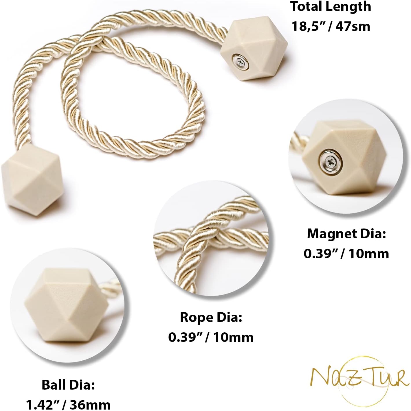 NazTur Magnetic Curtain Tiebacks- Upgrade 2022 with a Thicker Twist Rope & Strong Magnet Tieback Window Treatment Holdbacks Draperies Holders Decorative Drape Handmade Tie Back (Black, 2)