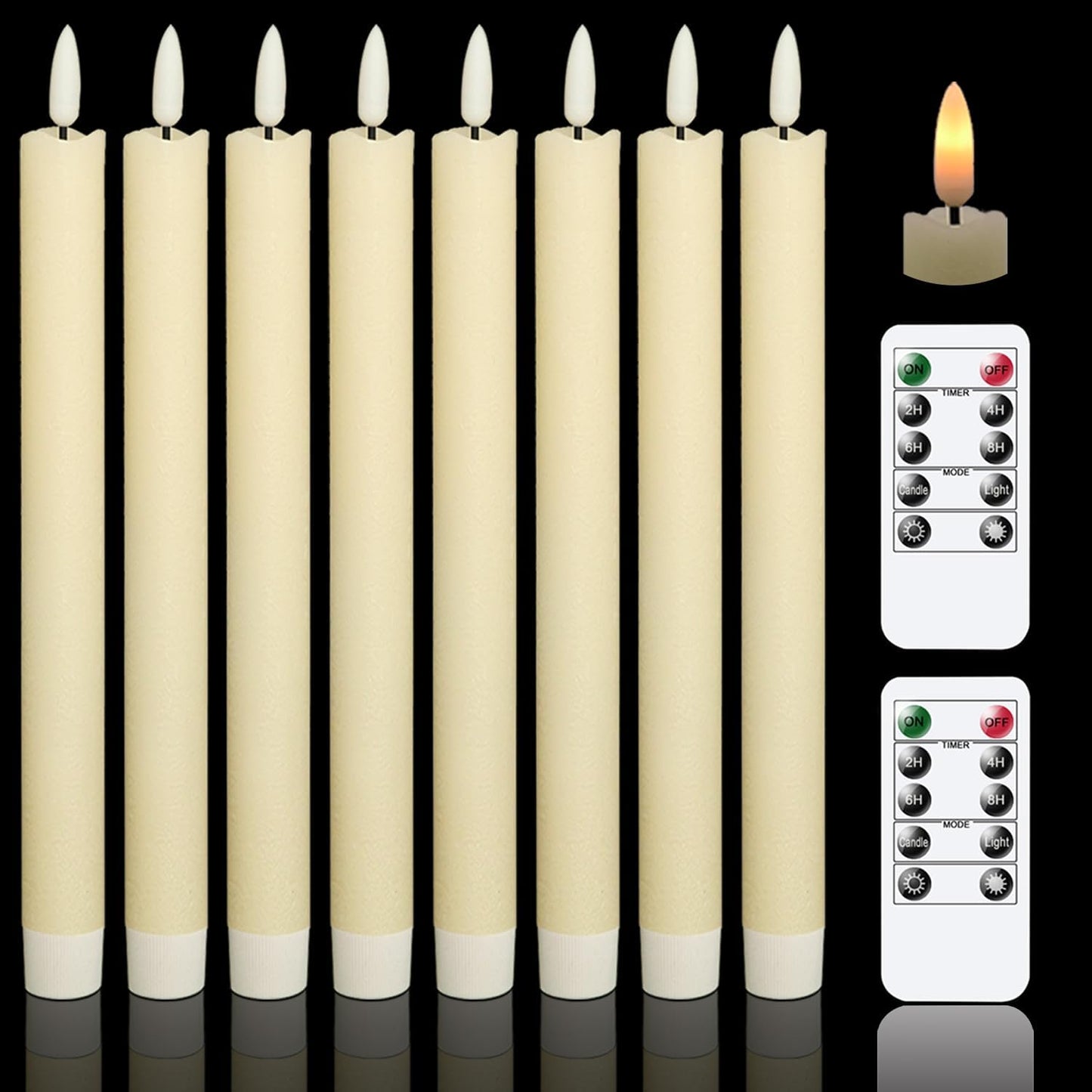 GenSwin Flameless Ivory Taper Candles Flickering with 10-Key Remote, Battery Operated Led Warm 3D Wick Light Window Candles Real Wax Pack of 6, Christmas Home Wedding Decor(0.78 X 9.64 Inch)