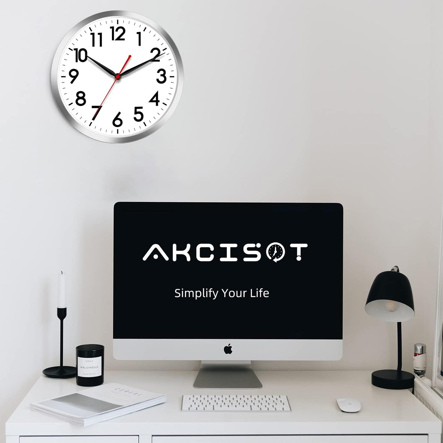 AKCISOT Wall Clock, Modern Small Wall Clocks Battery Operated 8 Inch, Silent Non-Ticking Analog Classic for Office, Home, Bathroom, Kitchen, Bedroom, School(Black)