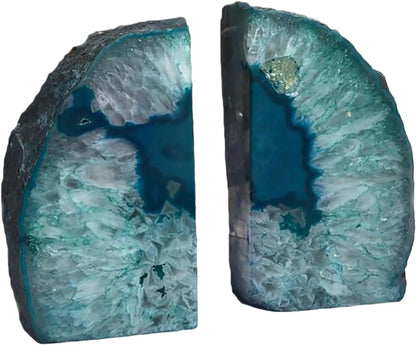 JIC Gem Dyed Blue Agate Bookends Geode Decorative Book Ends for Heavy Books with Rubber Bumpers for Office and Home Decoration Polished Small Size 2 to 3 Lbs