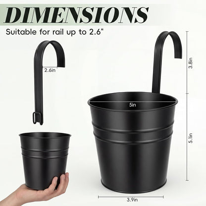 HowRU Metal Iron Flower Pots for Railing Fence Hanging Bucket Pots(5 Pcs) and Hanging Flower Pots Metal Iron Bucket Planter(10 Pcs) (Black)