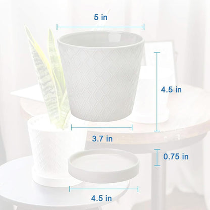 BUYMAX Plant Pots Indoor –5 inch Ceramic Flower Pot with Drainage Hole and Ceramic Tray - Gardening Home Desktop Office Windowsill Decoration Gift, Set of 4-Plants NOT Included (Patina)