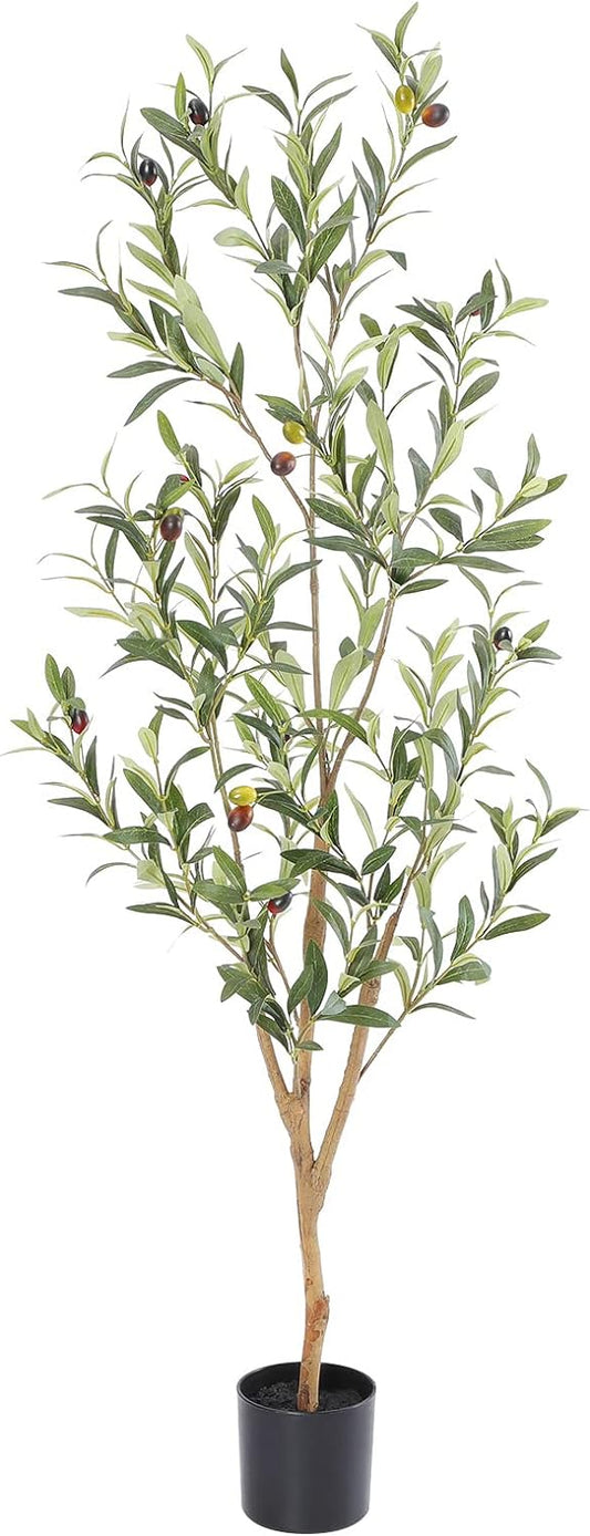 Bellacat Faux Olive Tree 7ft，Olive Trees Artificial Indoor with Natural Wood Trunk and Realistic Leaves and Fruits. 7 Feet(84in) Fake Olive Tree for Home House Office Décor.