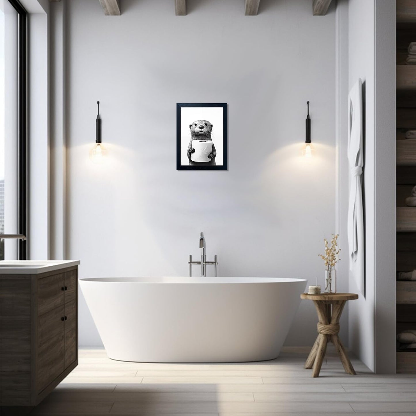 Bathroom Picture Wall Decor, Framed Black and White Bathroom Wall Art, Toilet Paper in Little Funny Raccoon's Hand Animal Canvas Print Painting