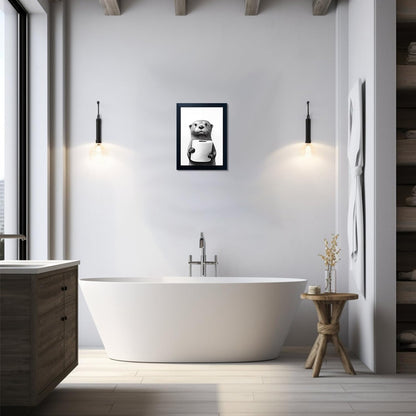 Bathroom Picture Wall Decor, Framed Black and White Bathroom Wall Art, Toilet Paper in Little Funny Raccoon's Hand Animal Canvas Print Painting