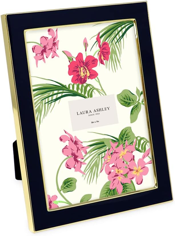 Laura Ashley 5x7 Navy Enamel Picture Frame, Gold Metal Edge with Easel, for Countertop, Counterspace, Tabletop Display, Bookshelf, Desk, Wall Décor, Photo Gallery (5x7, Navy W/Gold)