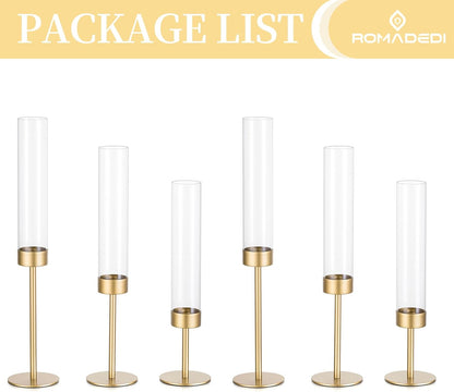 Glass Hurricane Candlestick Holders Gold - Romadedi Taper Candle Holder Tall Clear Glass Cylinder Table Centerpiece Wedding Decor Party Birthday Christmas Home Decorations Set of 3