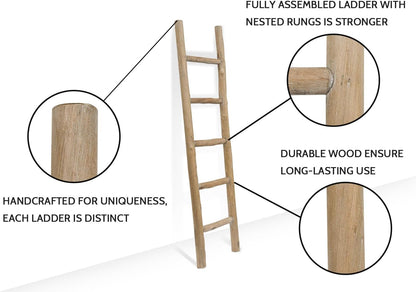 FUIN 57in Wood Blanket Ladder Living Room Decorative Wall Leaning Farmhouse Quilt Display Holder Rustic Wooden Towel Rack for Bathroom, Brown