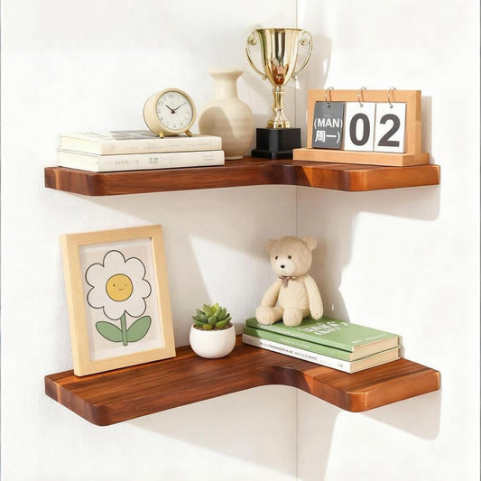 Floating Corner Shelves, Wall Shelf Set of 3, Shelves for Wall Storage, Solid Wood Shelves for Storage, Wall Mount Wooden Display Shelf for Bathroom Bedroom Kitchen Garage (Light 3Pcs)
