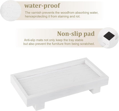 Decorative Tray Small Pedestal Stand Farmhouse Bathroom Decor Wooden Riser Display Stand for Vanity, Kitchen Countertop, Sink, 9.4 * 4.7 White