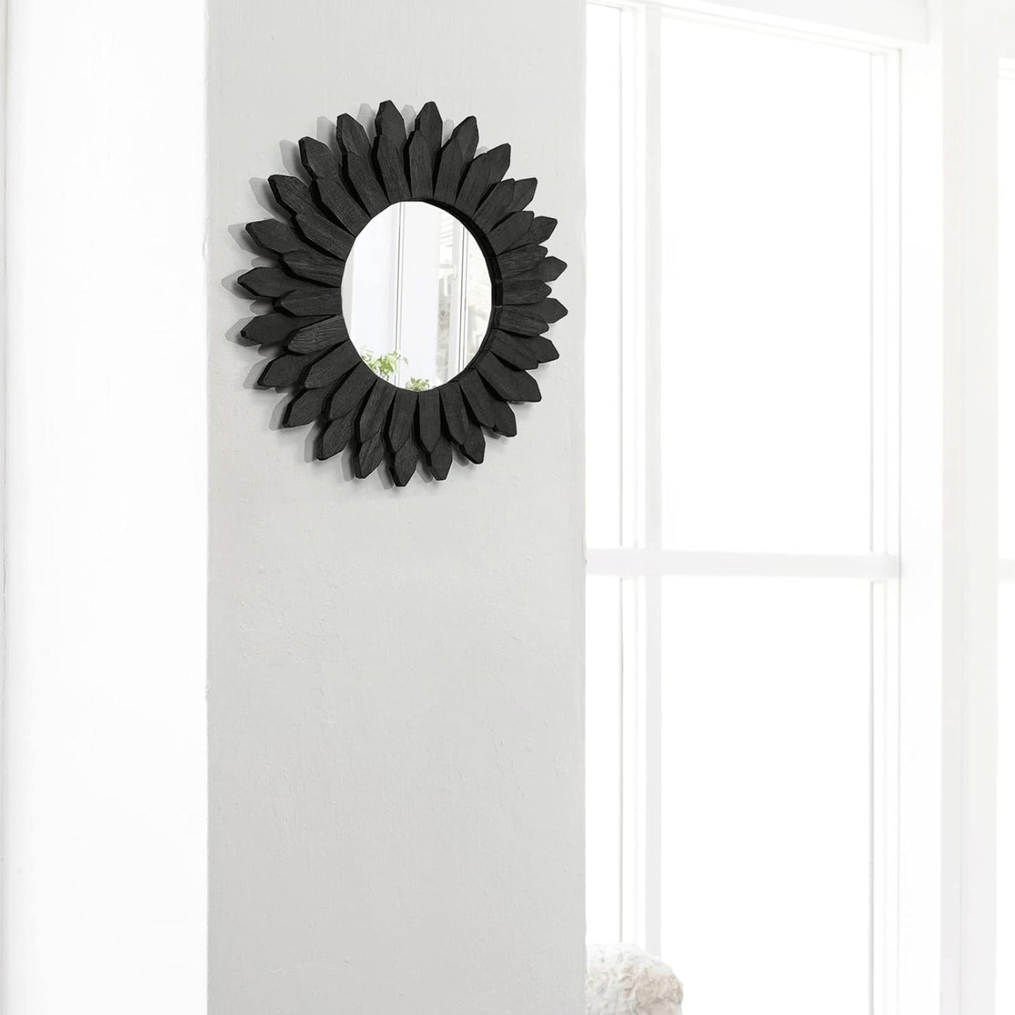 Honiway Wall Mirror Decorative 12 inch Rustic Wood Mirror Sunburst Boho Mirror for Entryway Bedroom Living Room Bathroom House Warming Gifts New Home Essential Carbonized Black