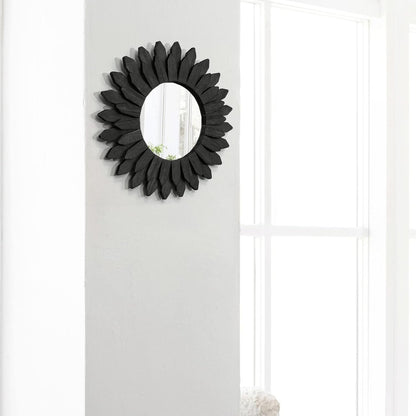 Honiway Wall Mirror Decorative 12 inch Rustic Wood Mirror Sunburst Boho Mirror for Entryway Bedroom Living Room Bathroom House Warming Gifts New Home Essential Carbonized Black