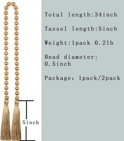 34 Inch Pearl Glass Bead Garland with Tassels - Elegant Boho Table Decor, Fringe Wall Hanging for Wedding, Party, Farmhouse Rustic Prayer Bead Home Decoration(1 Pack,Gold)