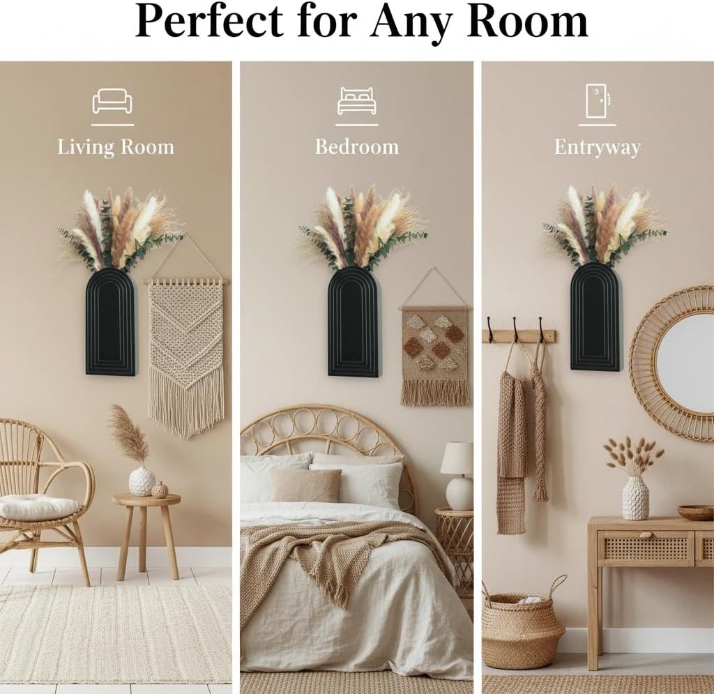 Set of 2 Wooden Vases with Pampas Grass and Eucalyptus – Boho Decor for Living Room, Modern Farmhouse Entryway or Bathroom, Rustic Art for Home Decoration