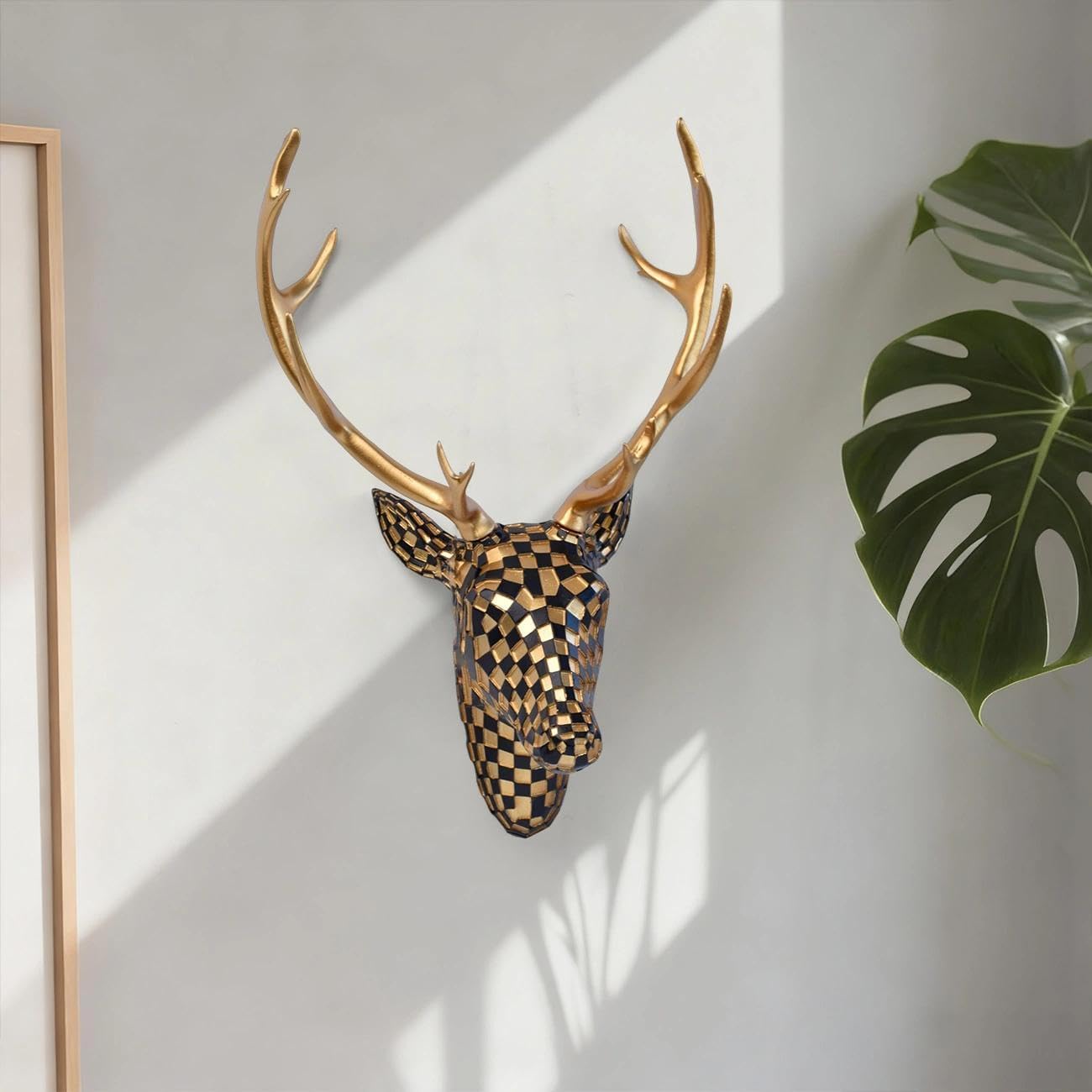 GIGICICI Mosaic Deer Head Wall Decor 15.7x8.7 Inch, Artistic Faux Resin Animal Head Wall Sculpture Hanging for Living Room Bedroom Kitchen Office, Black-White Gift
