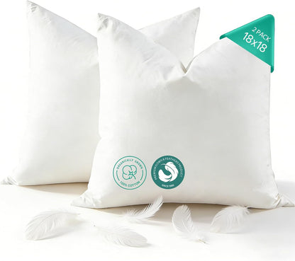 APSMILE Organic Cotton Goose Feather Down Plus Throw Pillow Inserts, 18x18 Inch Set of 2, Soft Supportive Square Decorative Pillow Forms for Couch, Sofa, Bed