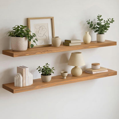 Homeforia 24 inch Natural Floating Shelf, High End Solid Real Wood 24inch Small Floating Shelves for Wall Mounted, Natural Wooden Floating Shelves, Heavy Duty Bracket, 24 X 6.5 X 1.75 in, Set of 2